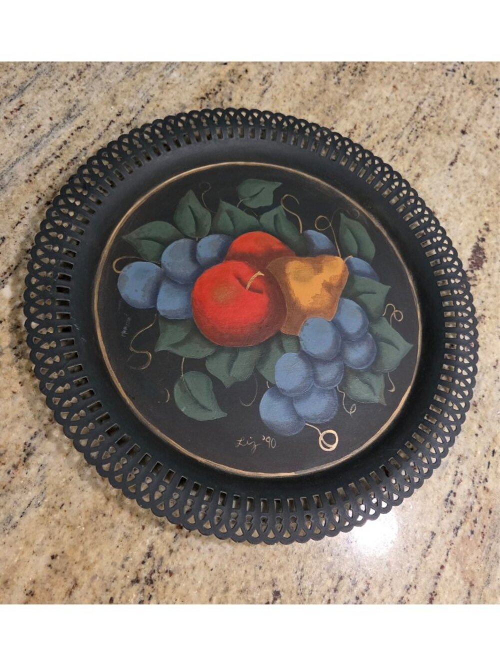 Vintage Toleware Tin Tray Tole Painted Fruit On Black Round 12" Perferated Edge